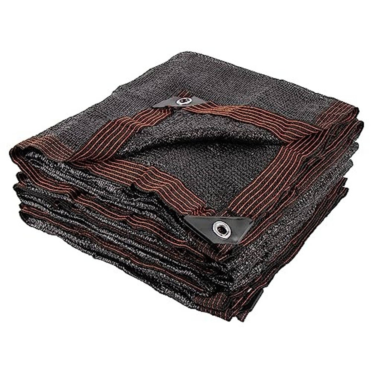 Outdoor woven sun shade cloth, dark charcoal with rust-brown striped trim and grommets
