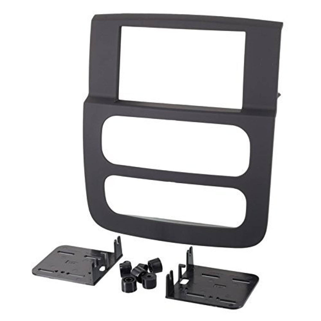 Matte black double-DIN dash bezel kit with brackets and hardware components