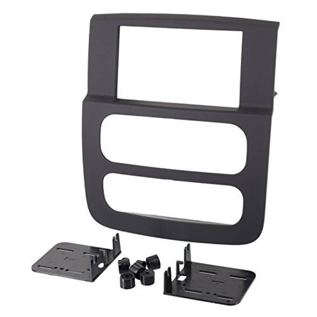 Matte black double-DIN dash bezel kit with brackets and hardware components