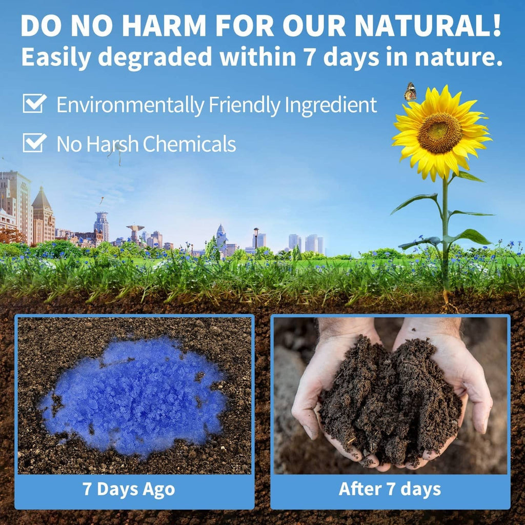 Blue liquid waste gel granules in soil, before and after 7 days