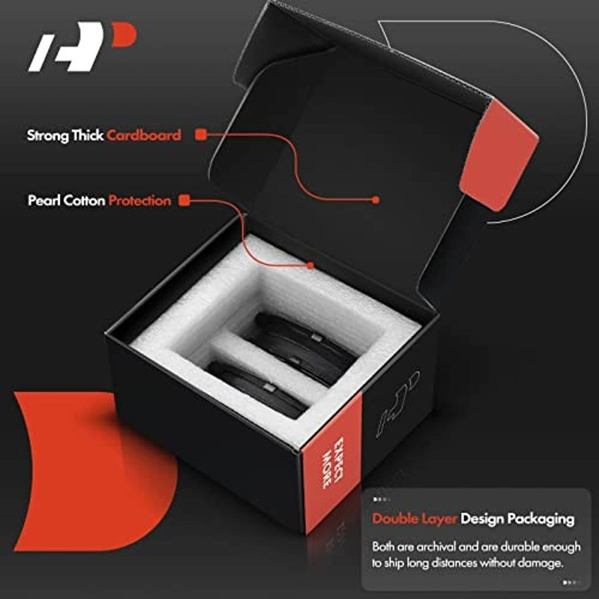 Brake pad set in retail box with protective inserts and double-layer packaging