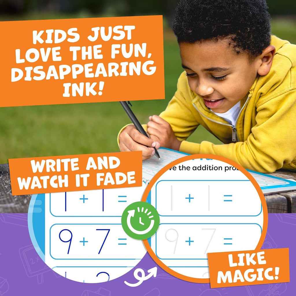 Child using a pen on a grooved math-style writing practice workbook