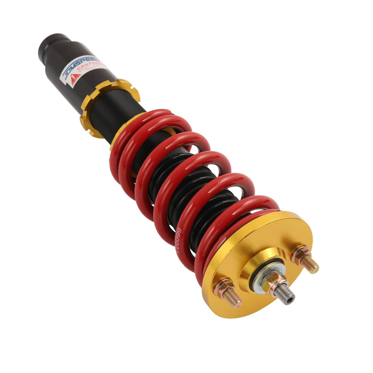 Coilover strut assembly with red spring, gold top mount, and black damper body