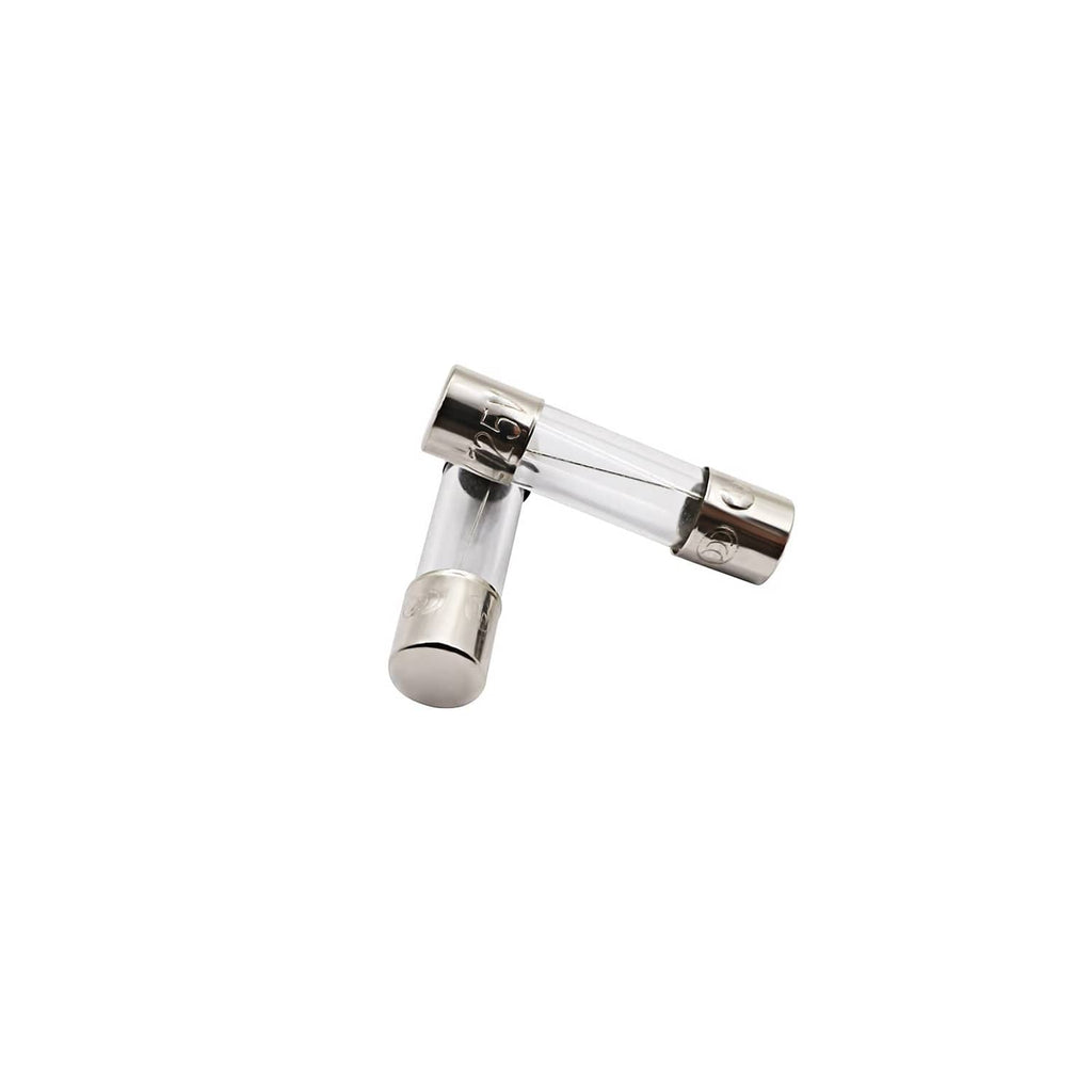 Pair of glass fast-blow fuses with metal end caps, angled