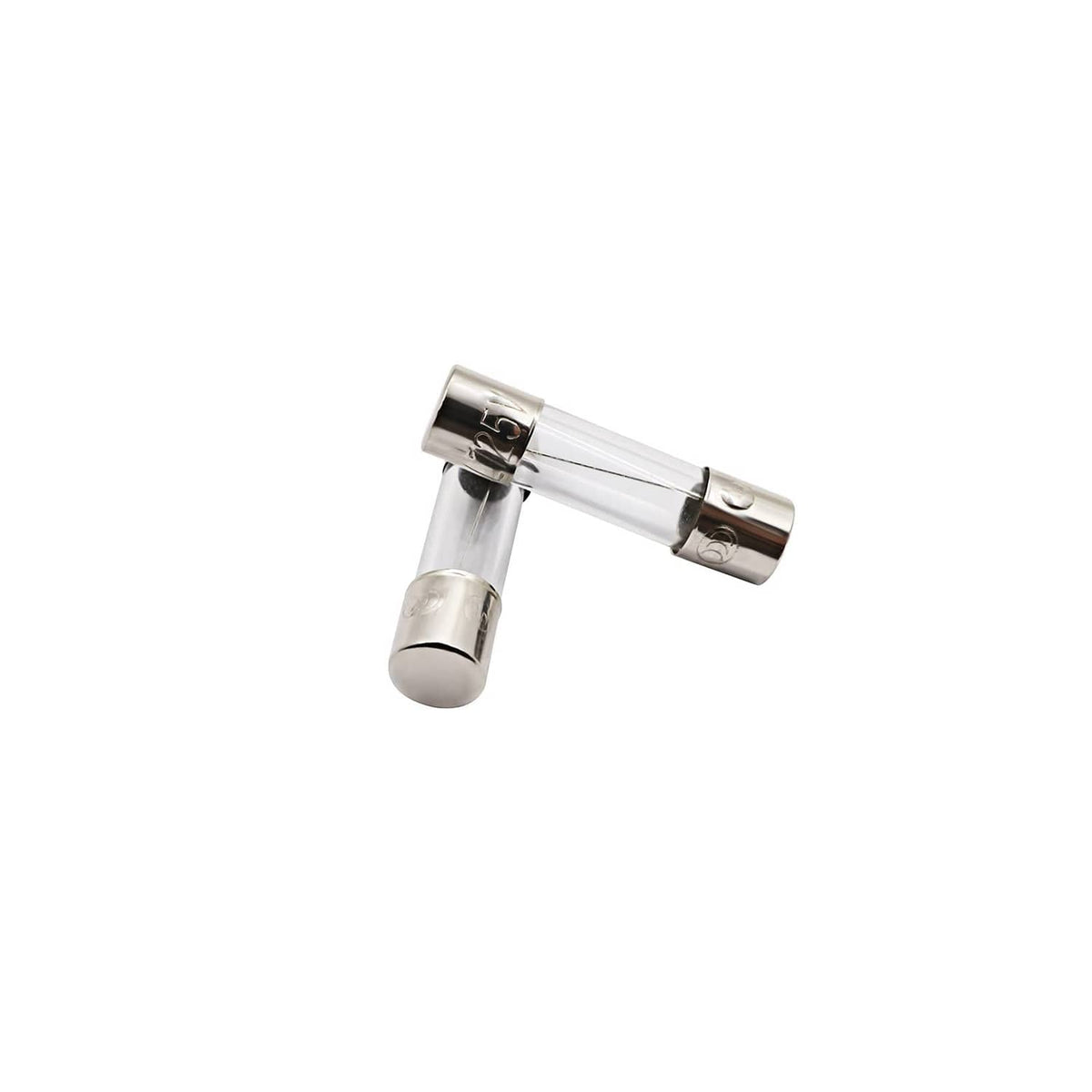 Pair of glass fast-blow fuses with metal end caps, angled