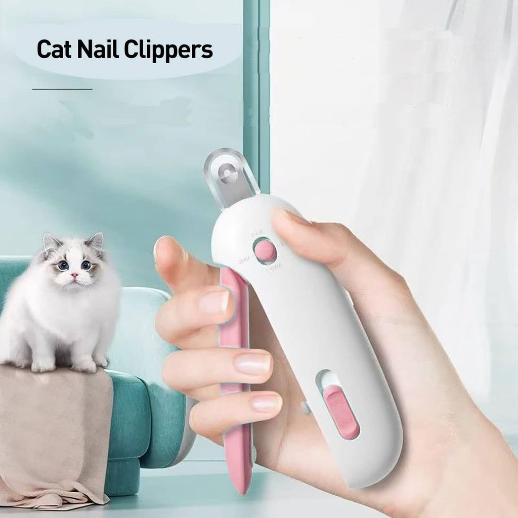 Pink and white cat nail clipper held in hand, with safety lock lever