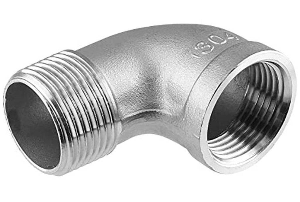 90-degree stainless steel elbow fitting with two threaded NPT ports, polished silver look