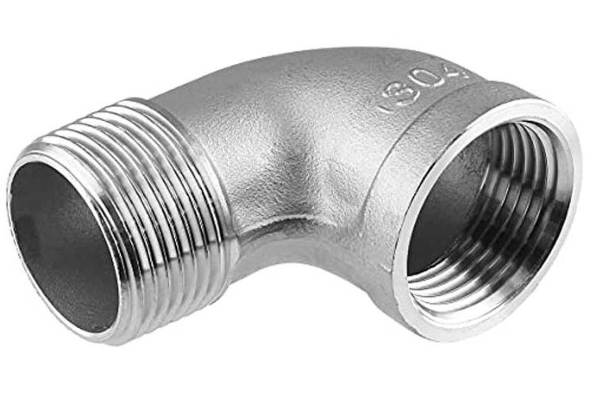 90-degree stainless steel elbow fitting with two threaded NPT ports, polished silver look