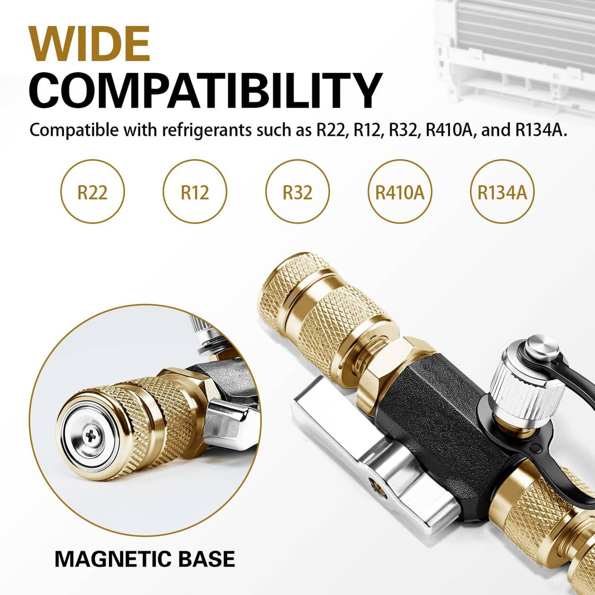 HVAC valve core removal tool with magnetic base and brass knurled fittings, black handle