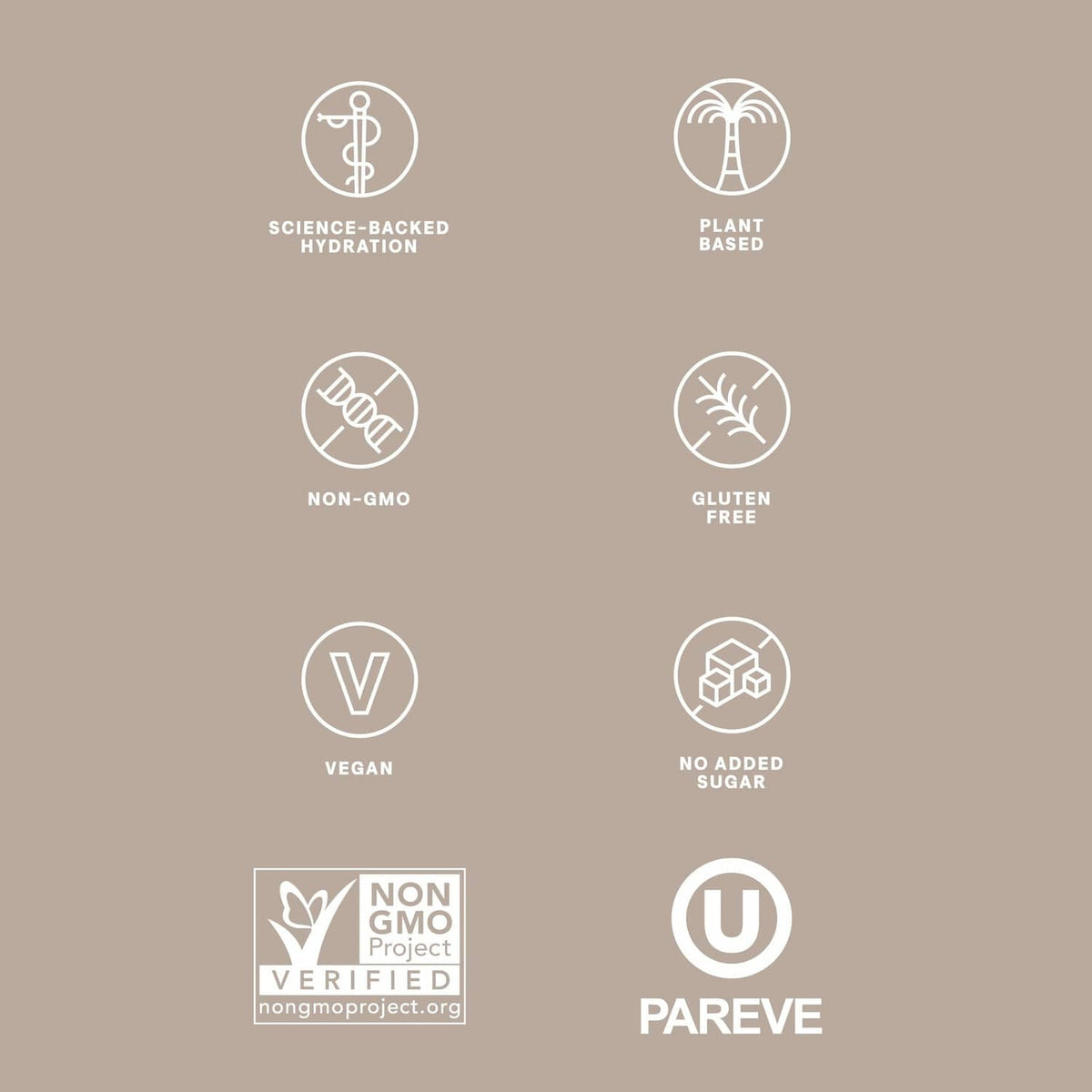 Electrolyte drink mix certification icons including non-GMO, gluten free, vegan, and no added sugar