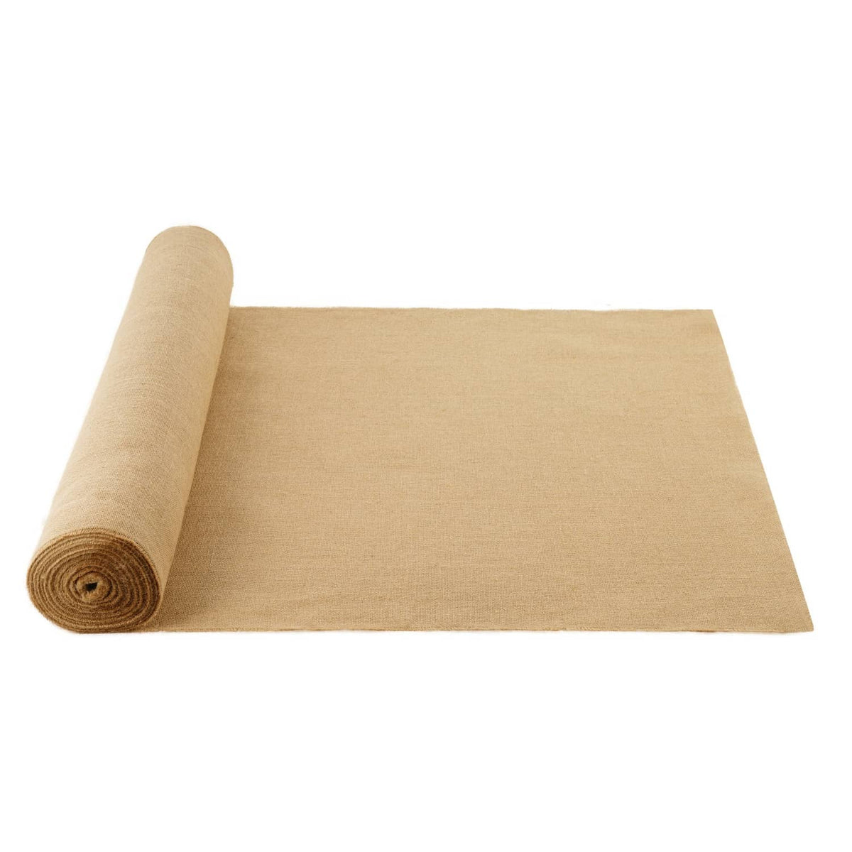 Natural burlap fabric roll with folded tan sheet, coarse jute texture