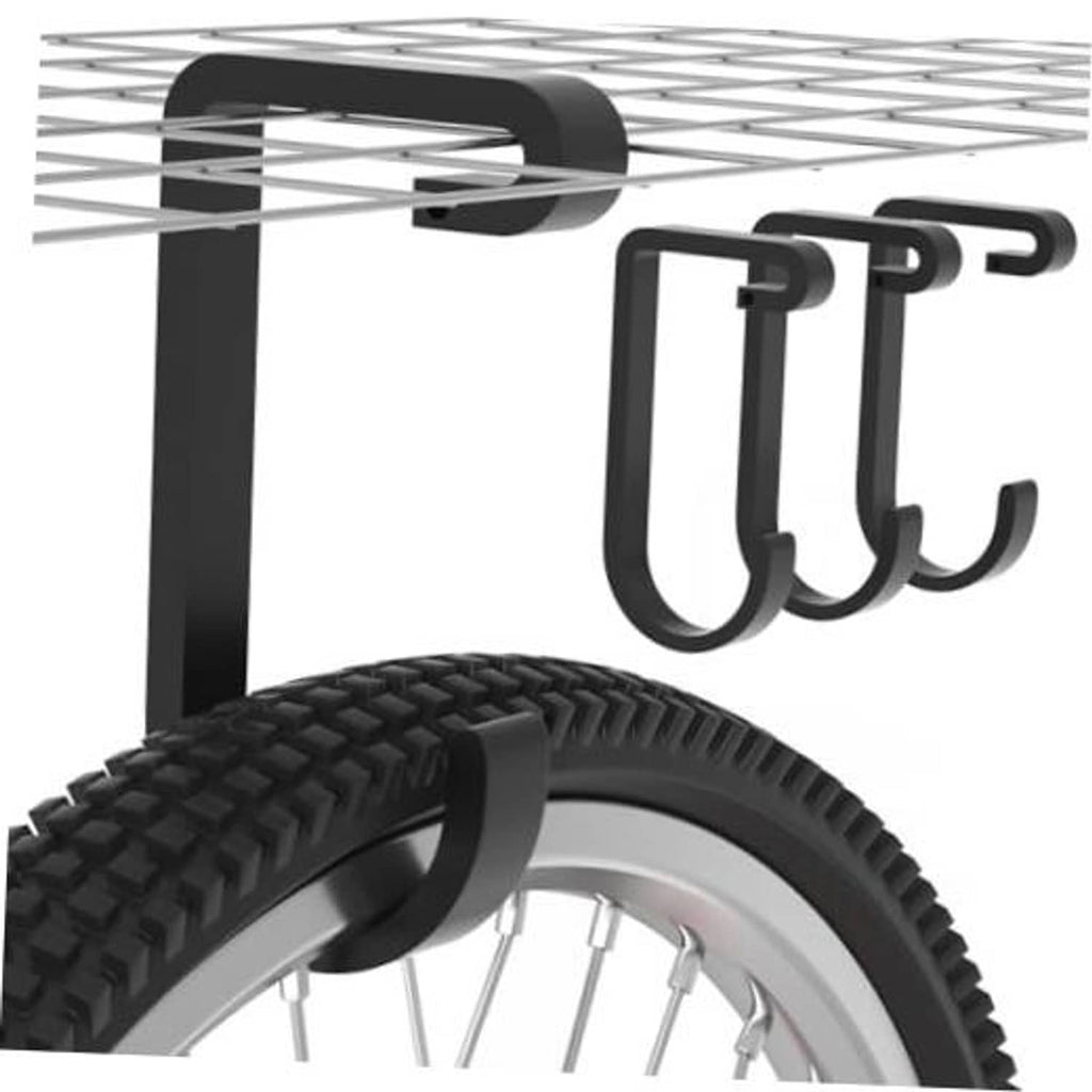 Black overhead bike hook with curved prongs holding a bicycle tire