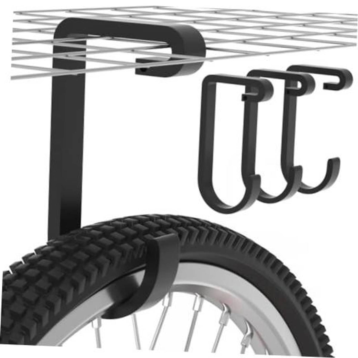 Black overhead bike hook with curved prongs holding a bicycle tire