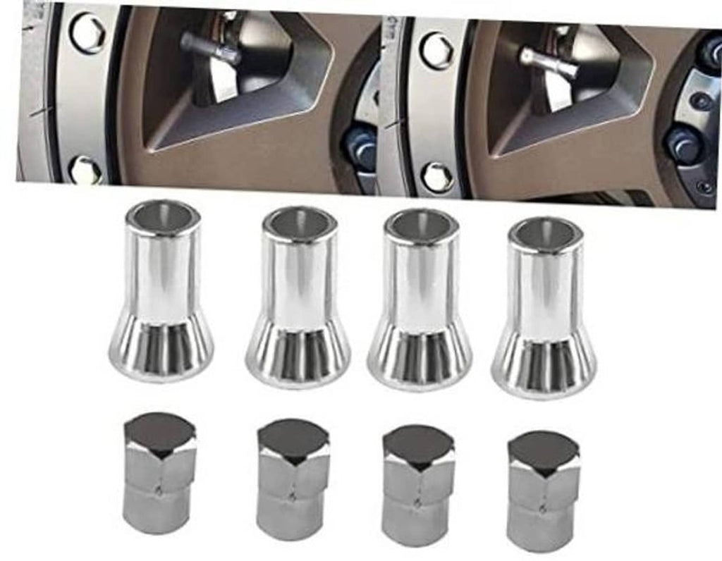 Chrome TPMS valve stem sleeve covers and hex caps, four sleeves with four caps