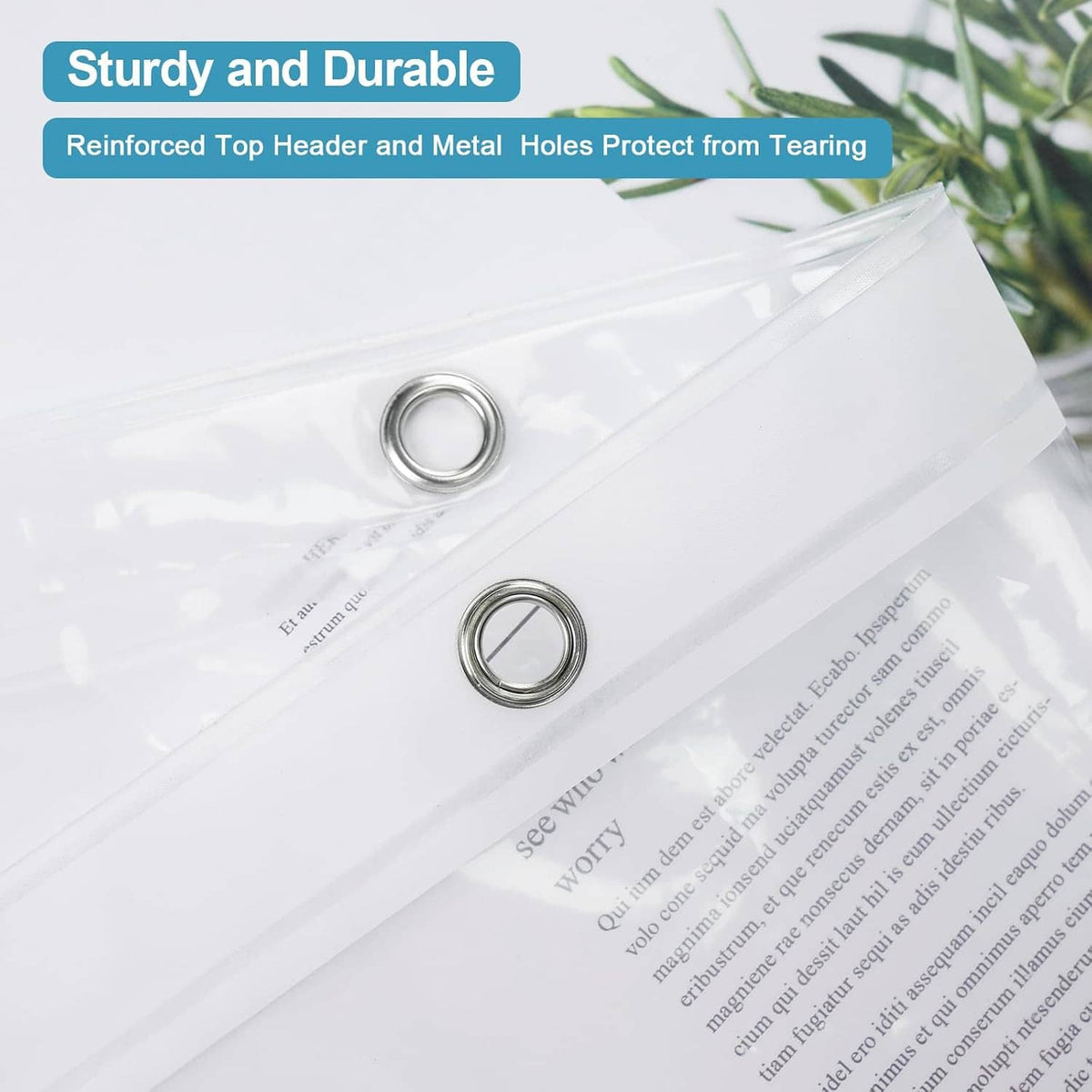 Clear shower curtain liner top header with reinforced metal holes for hanging
