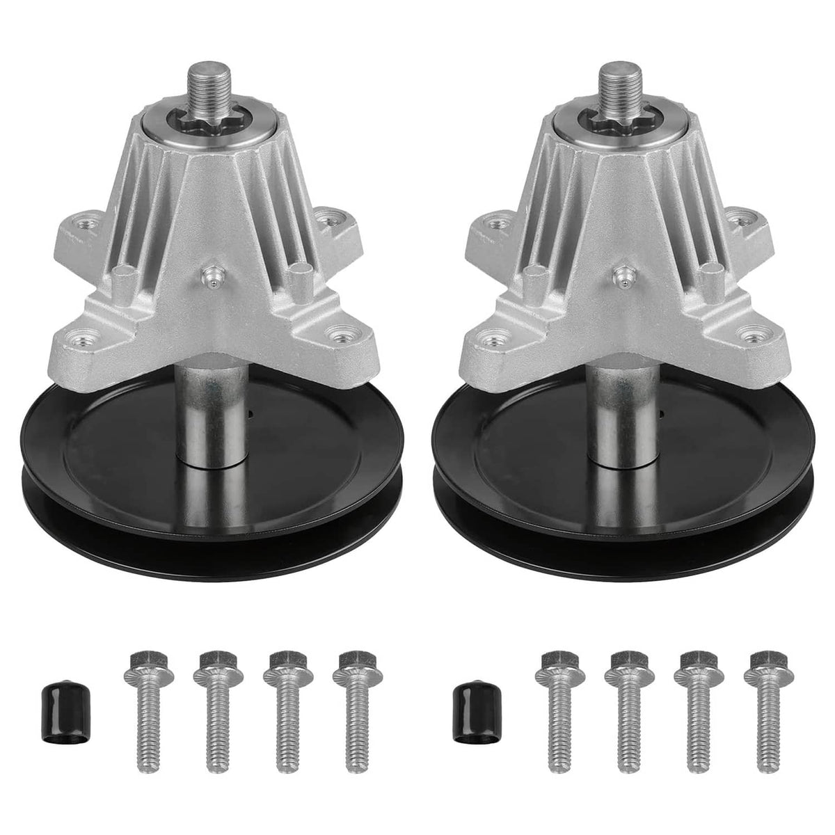 Metal mower spindle assemblies with black base and screw posts, 2-pack with bolts