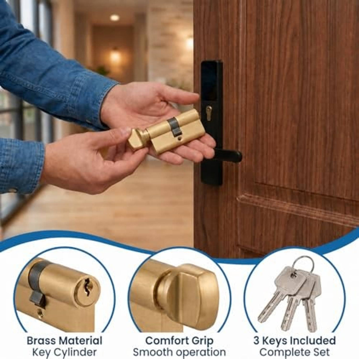 Brass lock cylinder with black thumbturn shown on a wooden door handle set