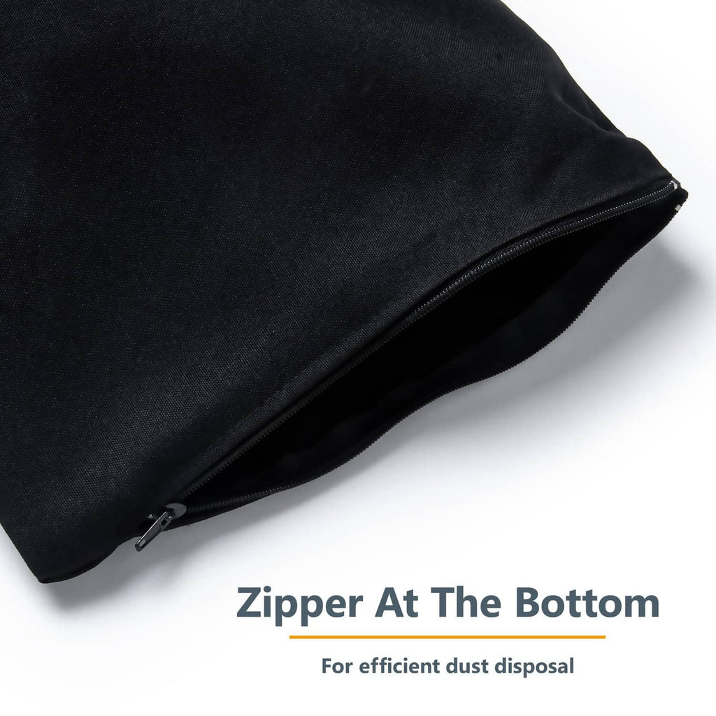 Black dust port bag with bottom zipper closure for controlled dust removal