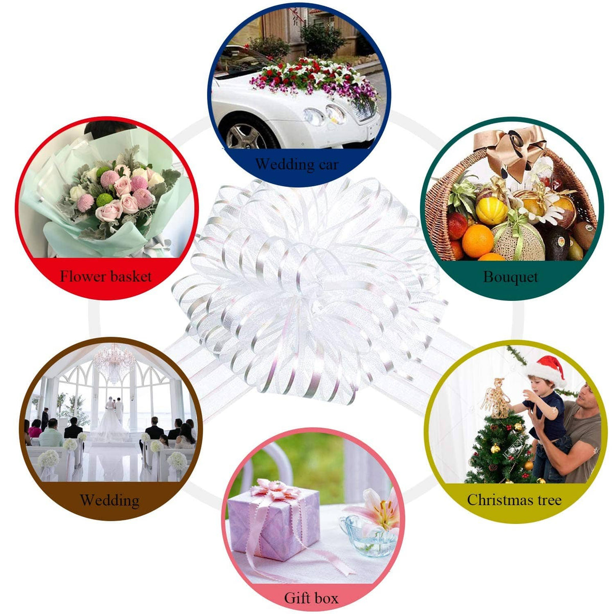 White organza pull bow rosette with striped ribbon streamers for gift wrapping