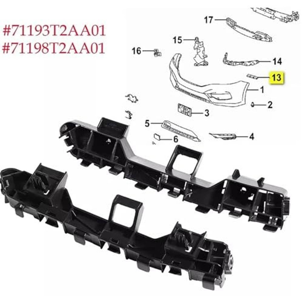 Black front bumper bracket with mounting holes, shown in an exploded parts view