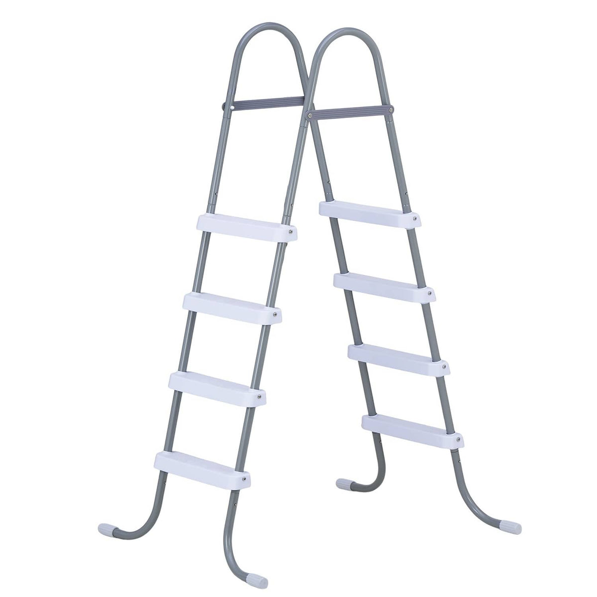 4-step A-frame steel pool ladder with four wide steps, gray rails and white treads