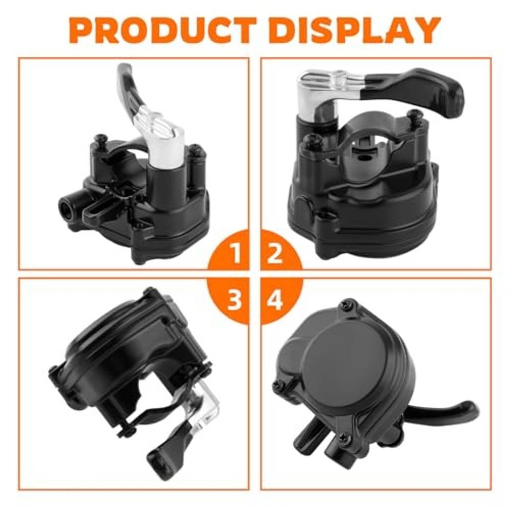 Thumb throttle product display with multiple angles: black housing and silver lever.