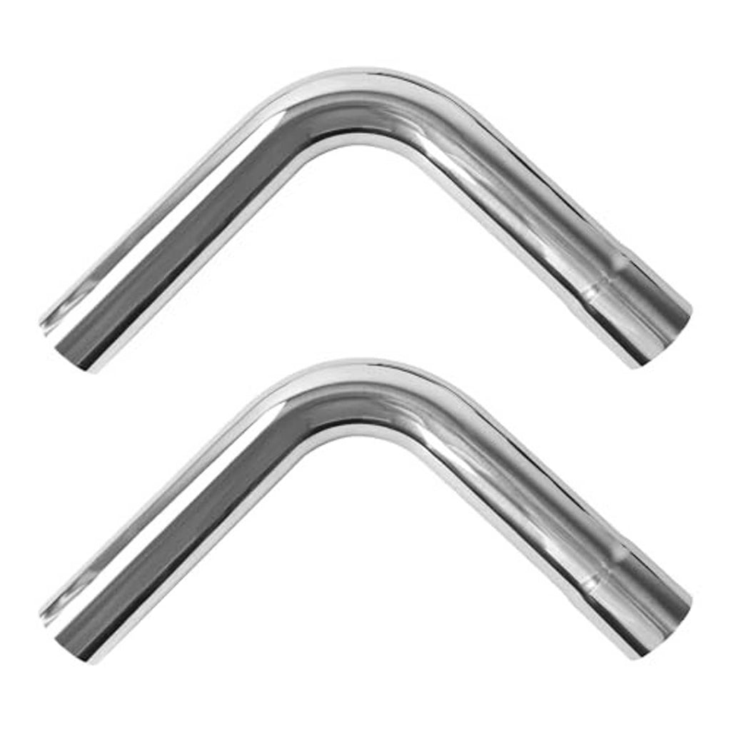 Polished stainless steel 90-degree exhaust bend tubing, two curved pieces with angled ends