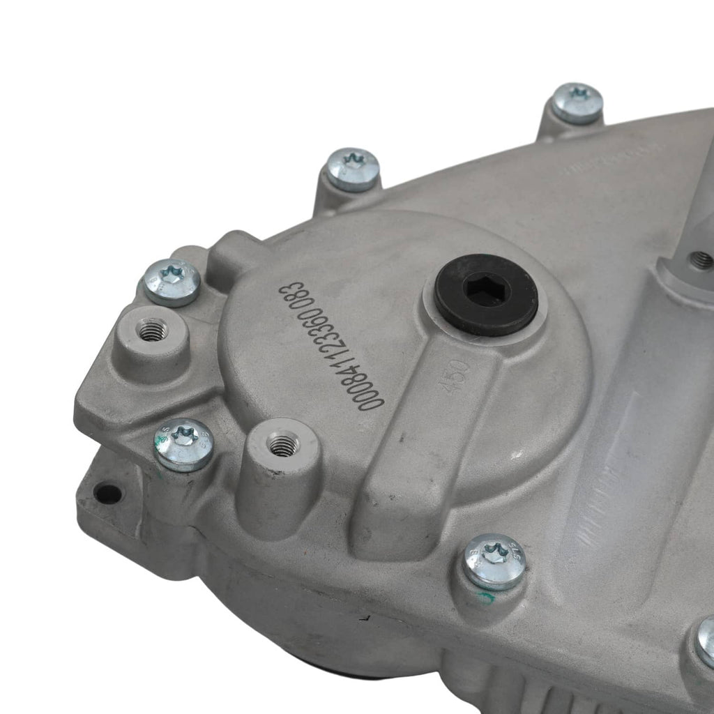 Transfer case cover with molded rubber bushing and visible bolt heads