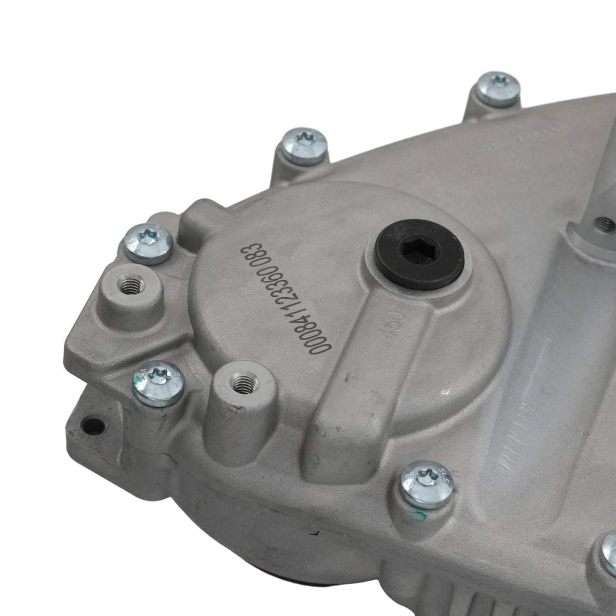 Transfer case cover with molded rubber bushing and visible bolt heads