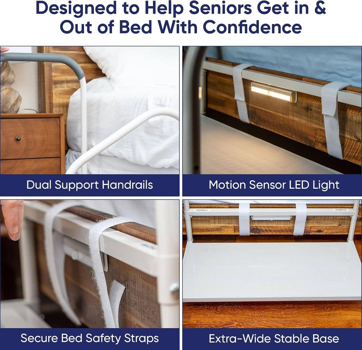 Bed step stool close-up showing dual support rails and secure bed safety straps