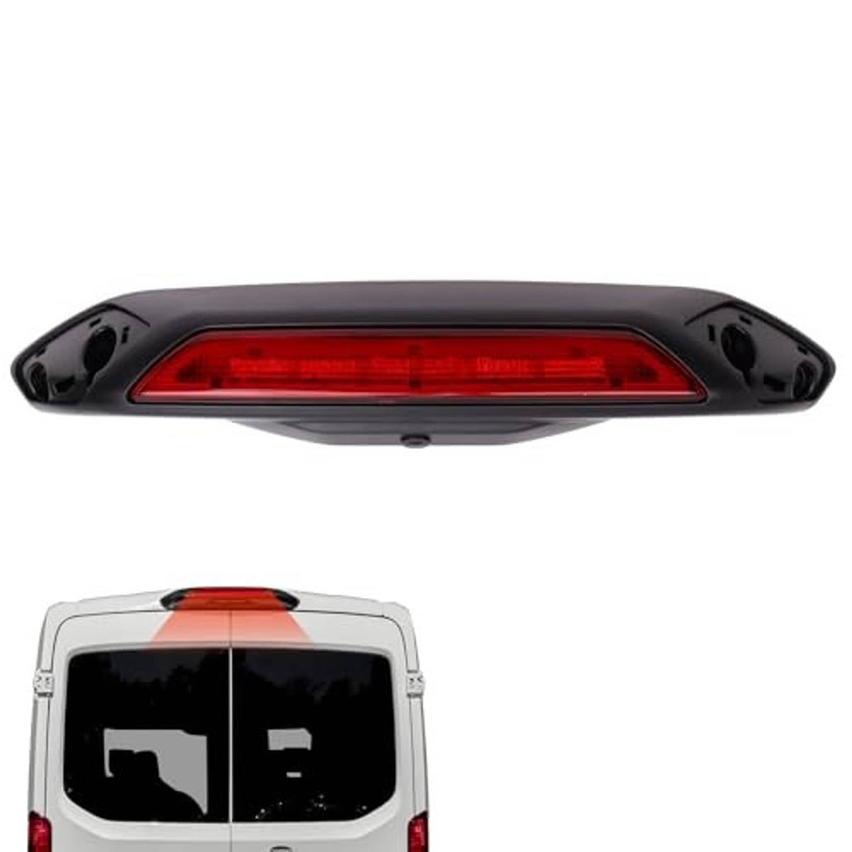 Center high mount third brake light with red lens bar and black surrounding bezel