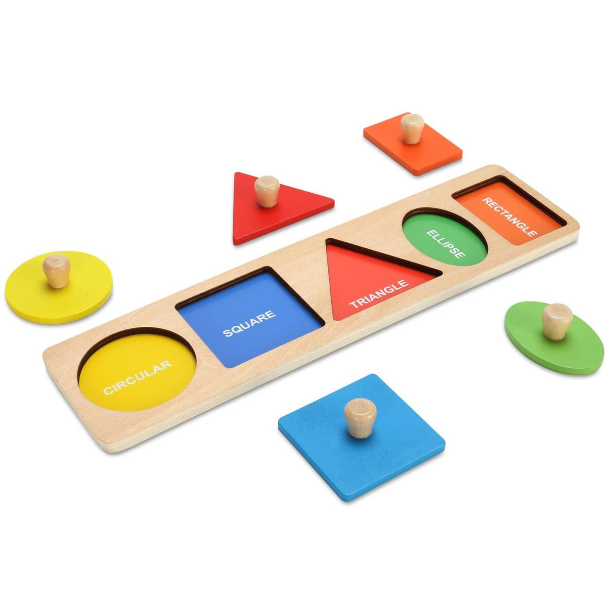 Wooden shape puzzle board with colorful knob shapes: circle, square, triangle, oval