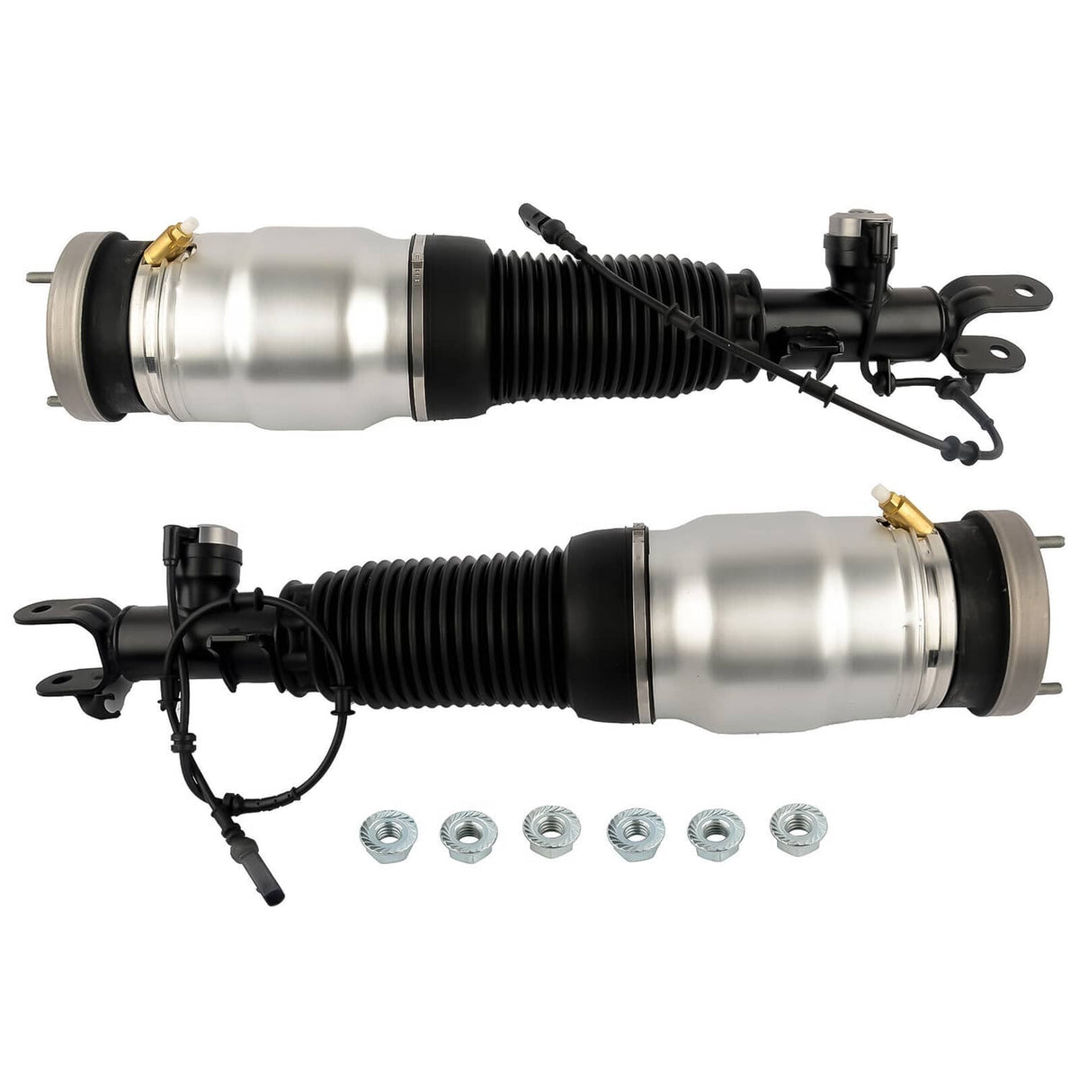 Front air suspension struts pair with silver metal bodies, black bellows, wiring and bolts