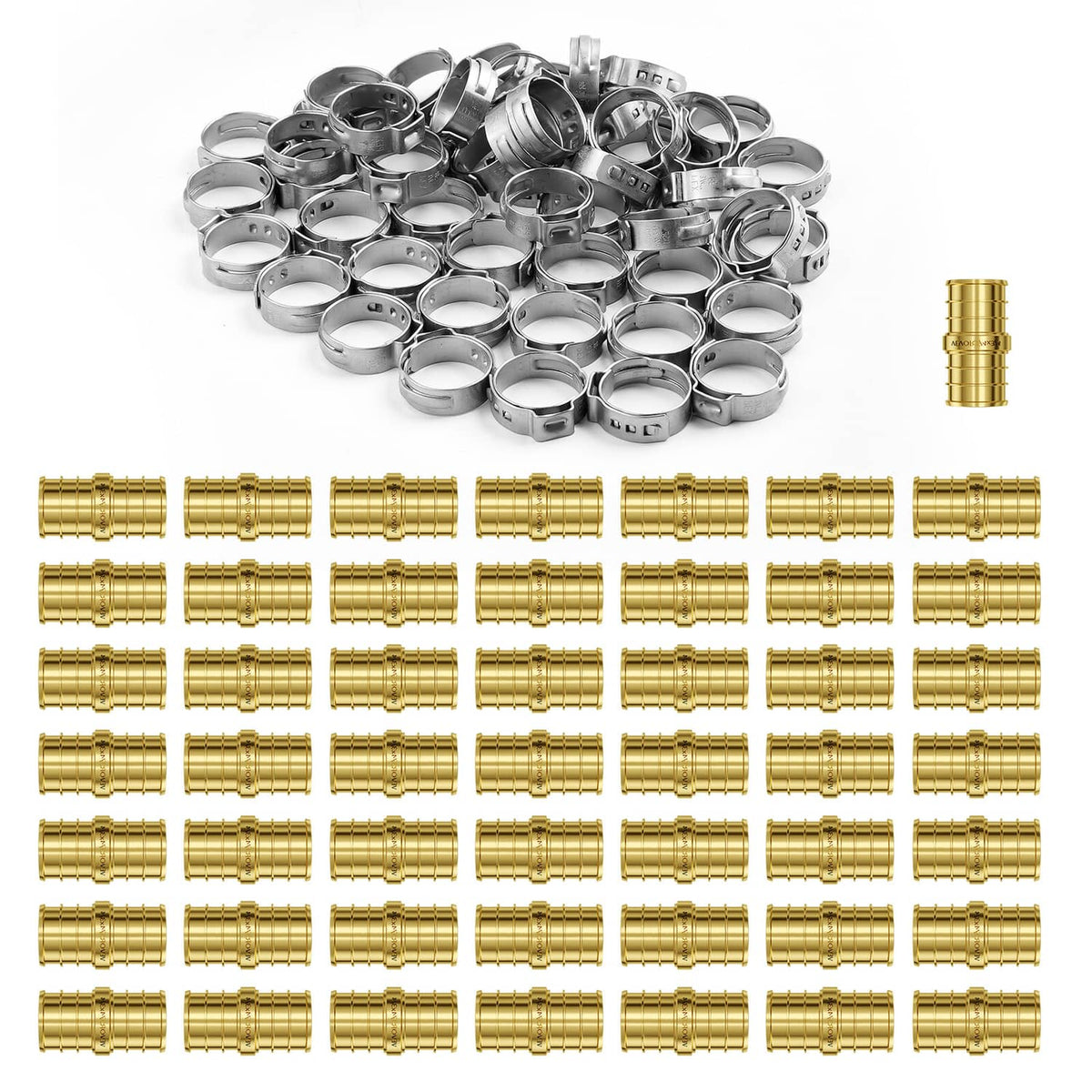 Assorted brass clamp-style straight-through pipe fittings with metal clamps, 50-piece set