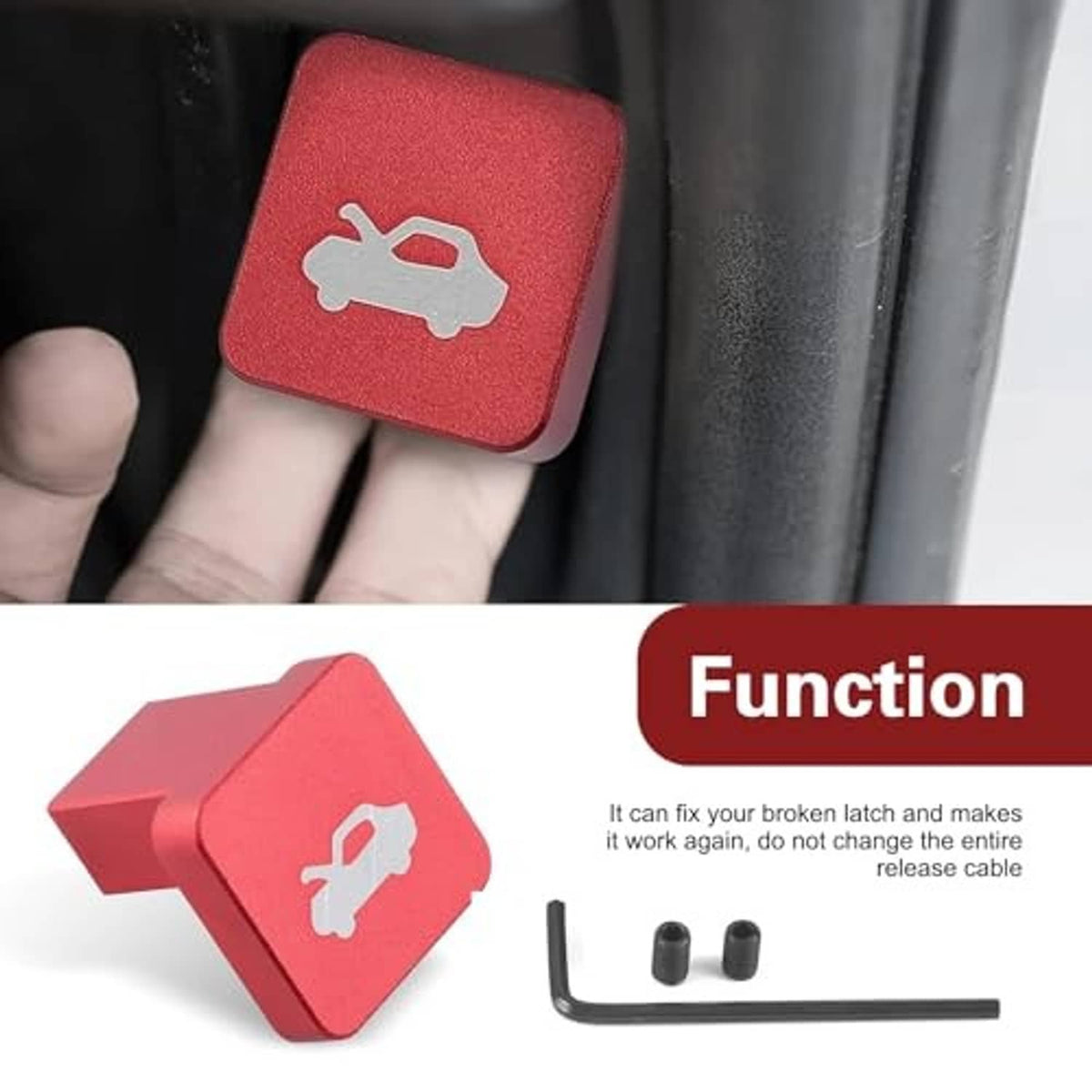 Red hood latch release handle held near a vehicle latch area