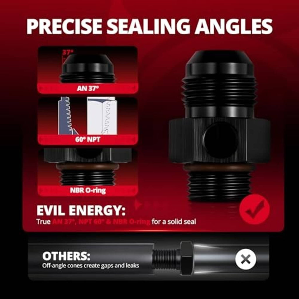 Black AN-ORB male gauge fitting with O-ring face and threaded sealing angles