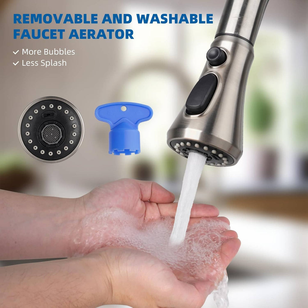 Brushed nickel pull-down sprayer with water stream and blue splash-removal tool