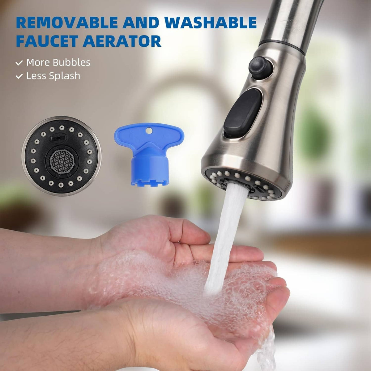 Brushed nickel pull-down sprayer with water stream and blue splash-removal tool