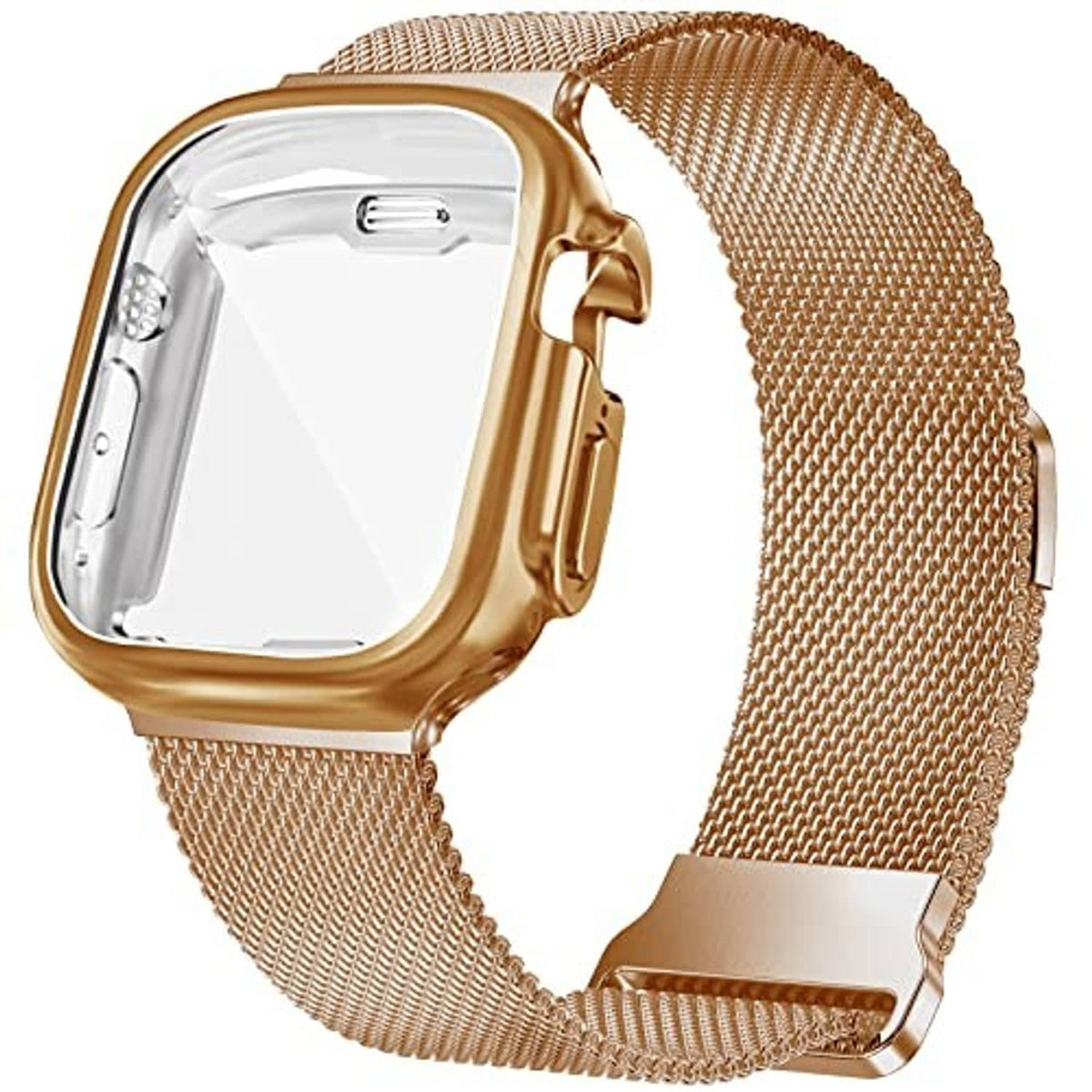 Rose gold metal magnetic watch band with mesh weave and clasp, front and side view