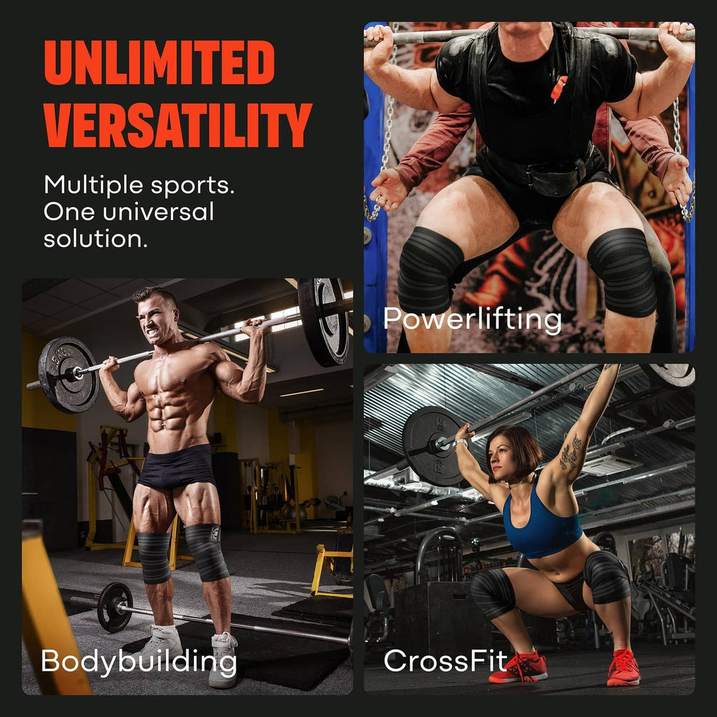Black knee wraps on legs for strength training, shown on multiple athletes