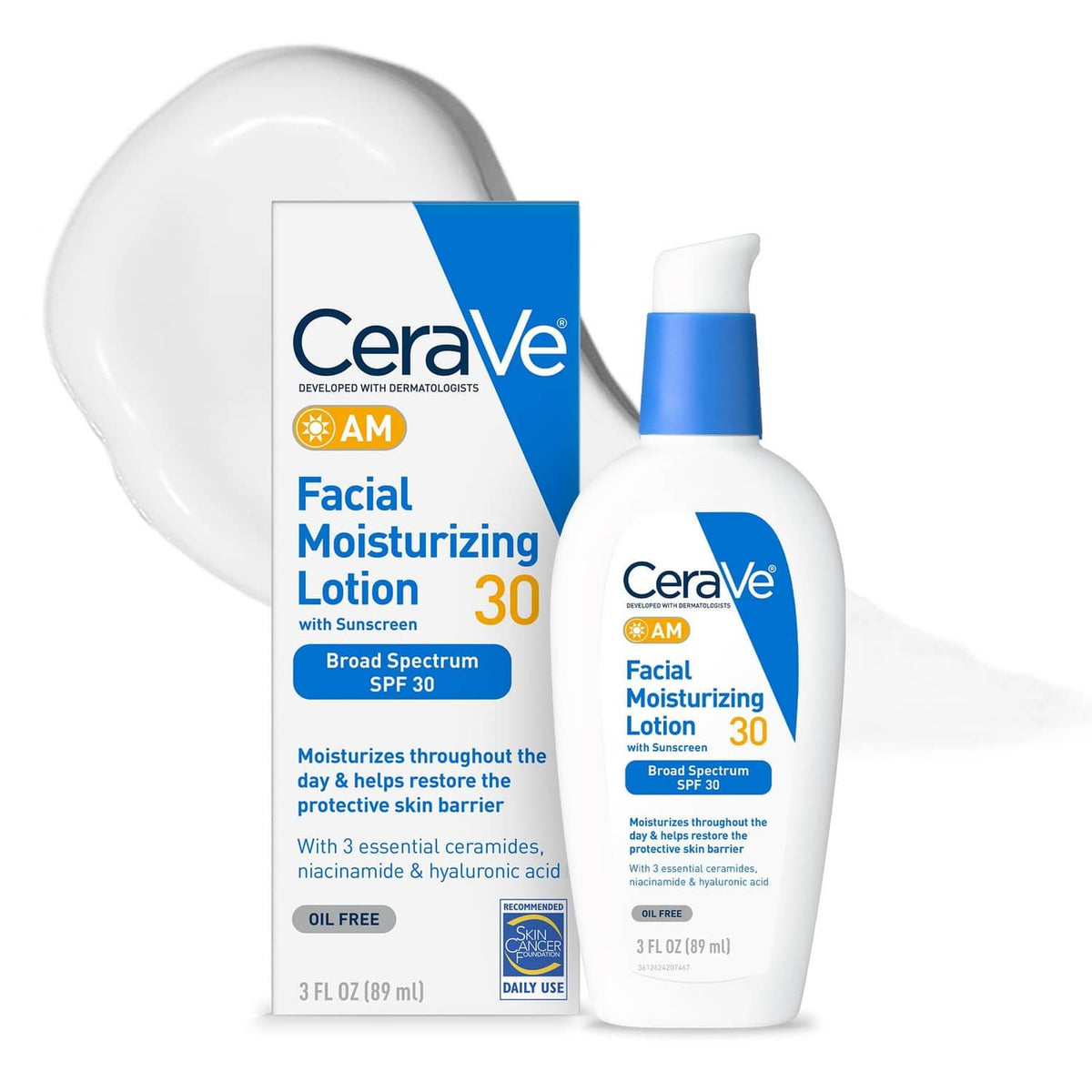 CeraVe AM facial moisturizing lotion with SPF 30, white bottle with blue pump cap