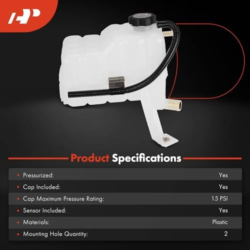 Coolant overflow recovery reservoir tank with black cap, corrugated hose, and outlet bracket