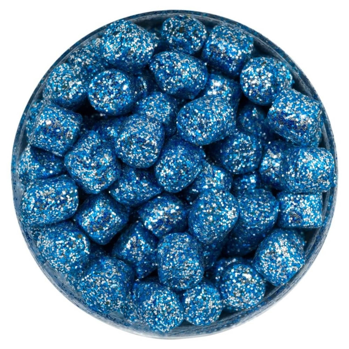 Blue glitter fishing bait pellets in a clear round bowl