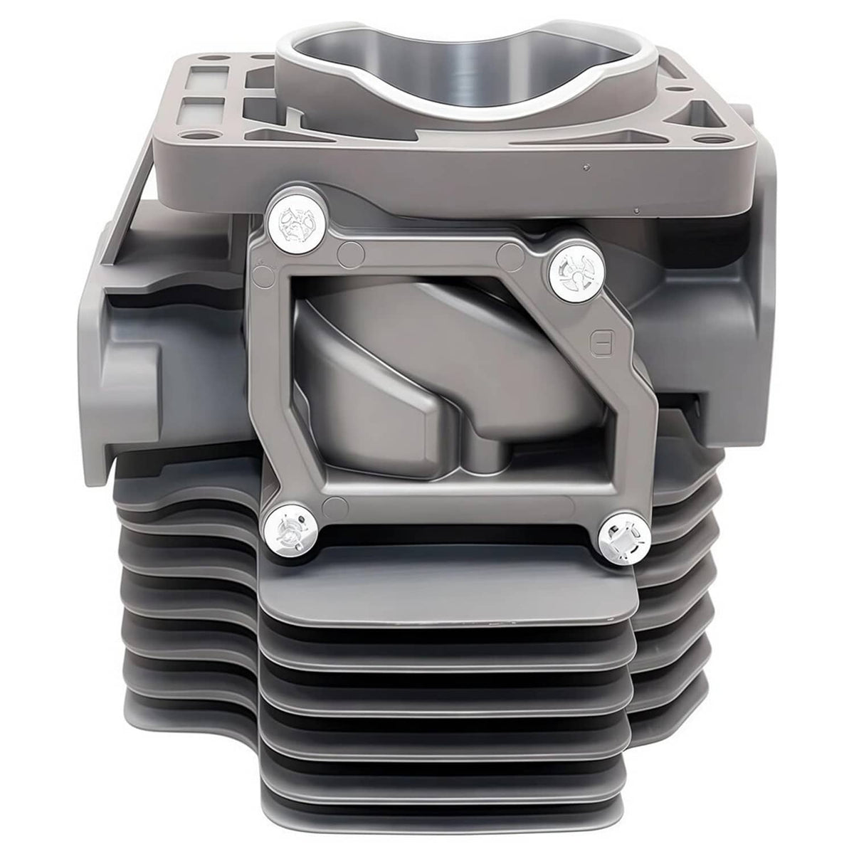 Gray engine cylinder assembly with four top bolts and ribbed cooling fins.