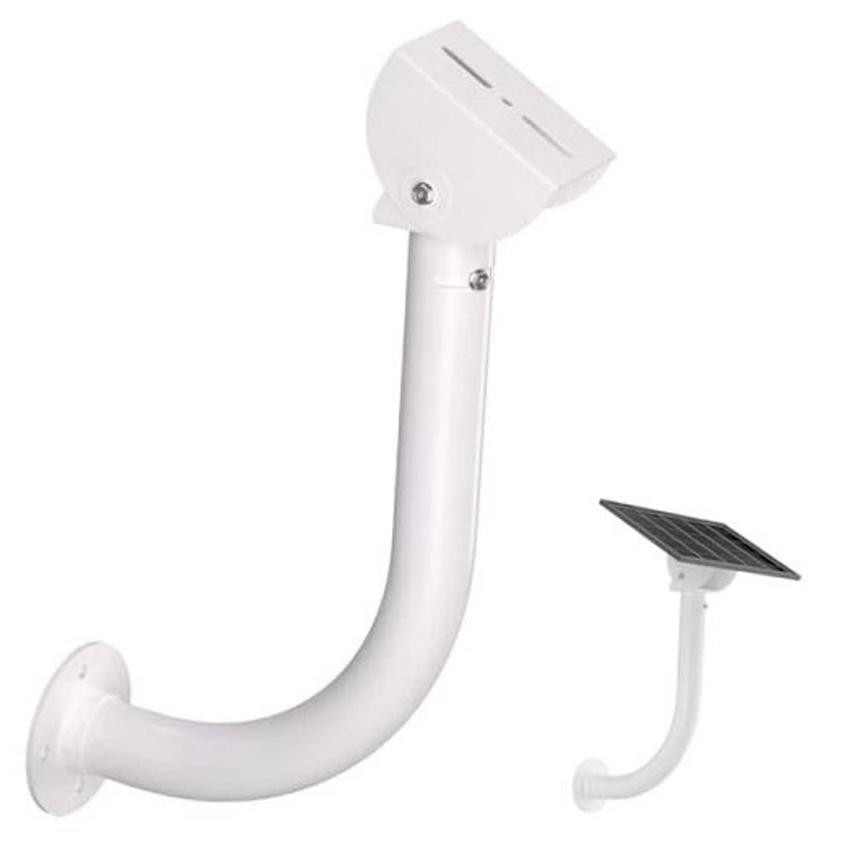 White L-shaped solar panel wall mount bracket with adjustable curved arm