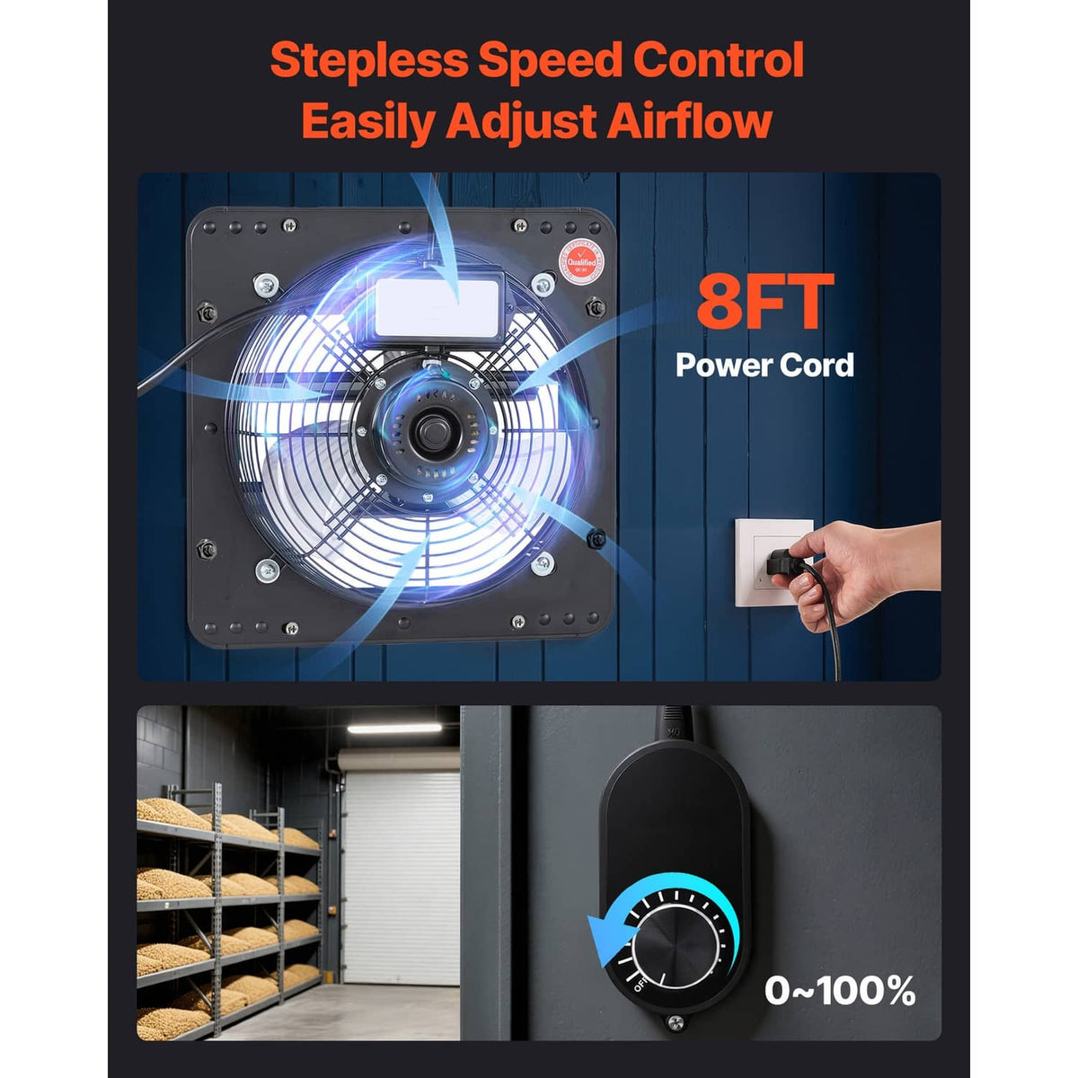 Wall-mount shutter exhaust fan with speed controller knob and front fan grille