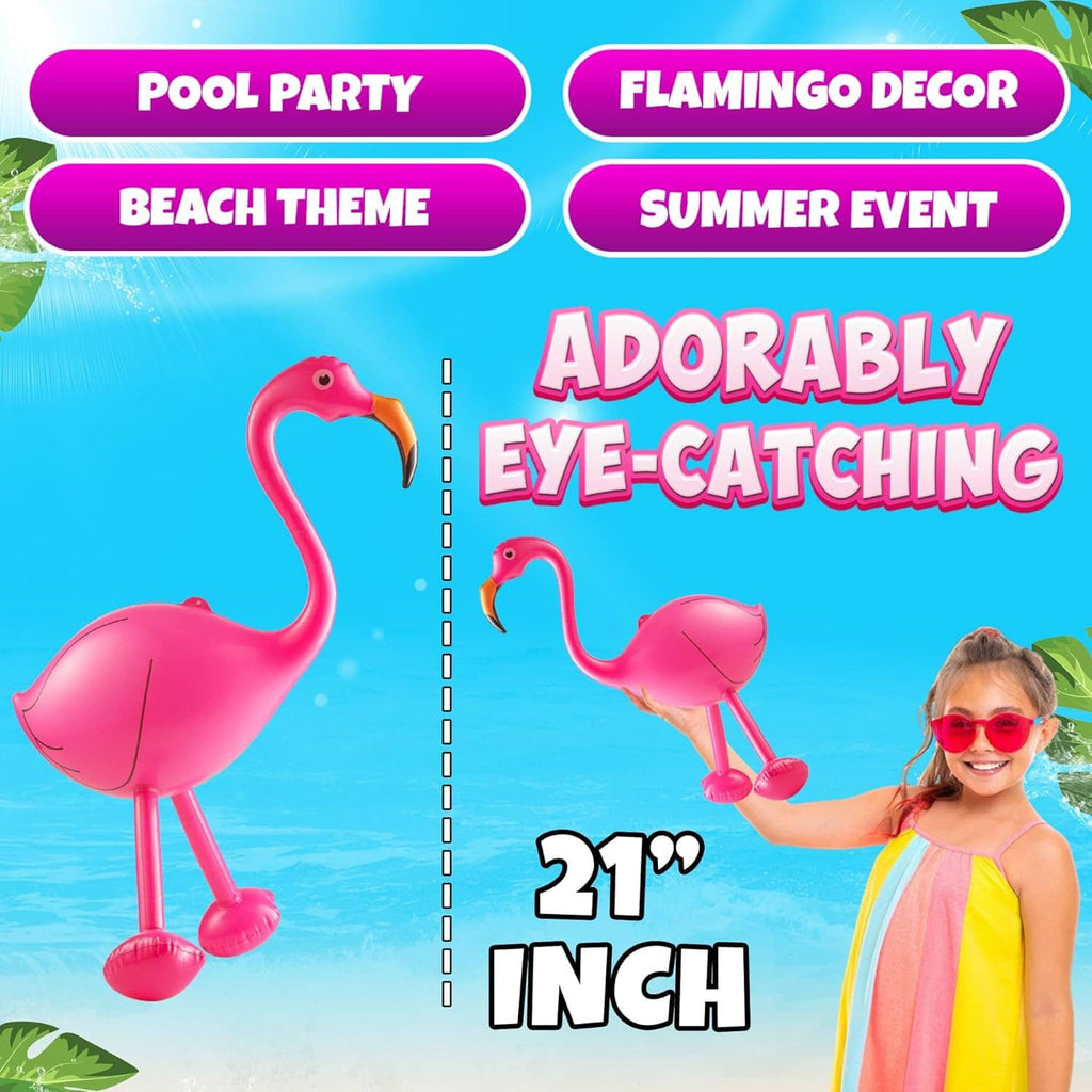 Tall pink inflatable flamingo decoration with orange beak and standing legs