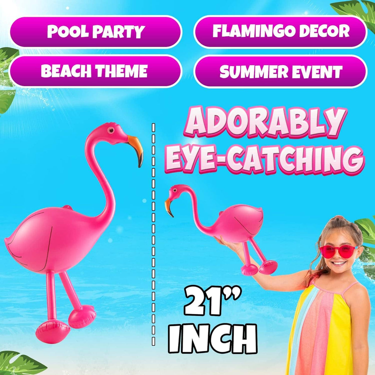 Tall pink inflatable flamingo decoration with orange beak and standing legs