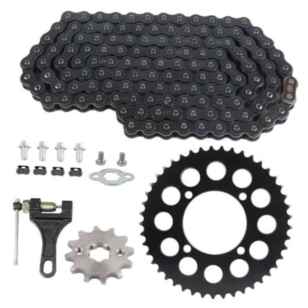 Black roller drive chain with rear sprocket gear and small installation hardware