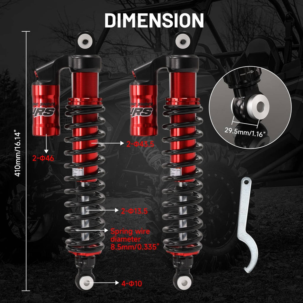 Two rear shock absorbers with red cylinders, black springs, and mounting ring hardware